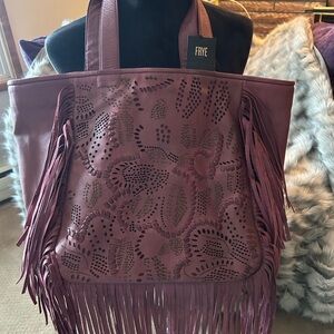 Frye Plum Leather Cut-Out Fringe Tote